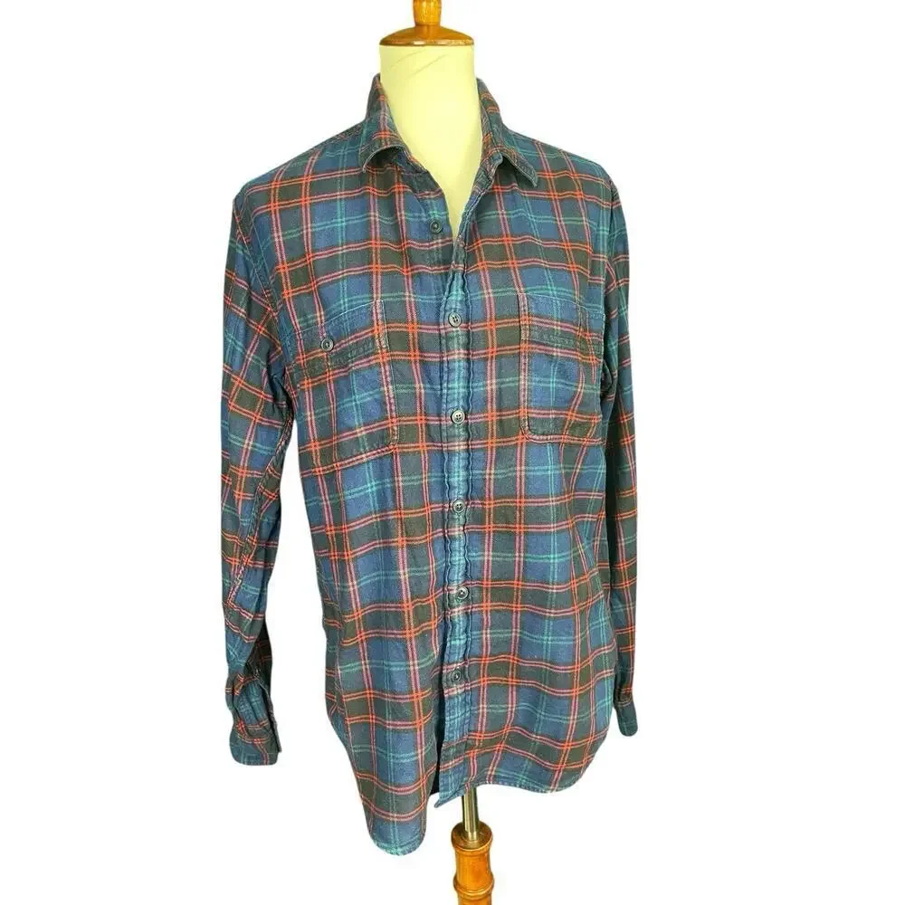 J Crew Flannel Shirt Slim Pockets Cotton Plaid Blue Green Red L Grunge Unisex